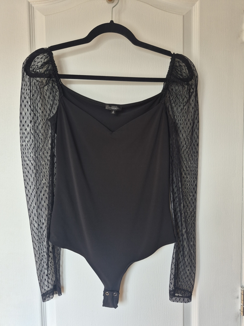Dynamite Black Sheer Dotted Puff Sleeve Bodysuit